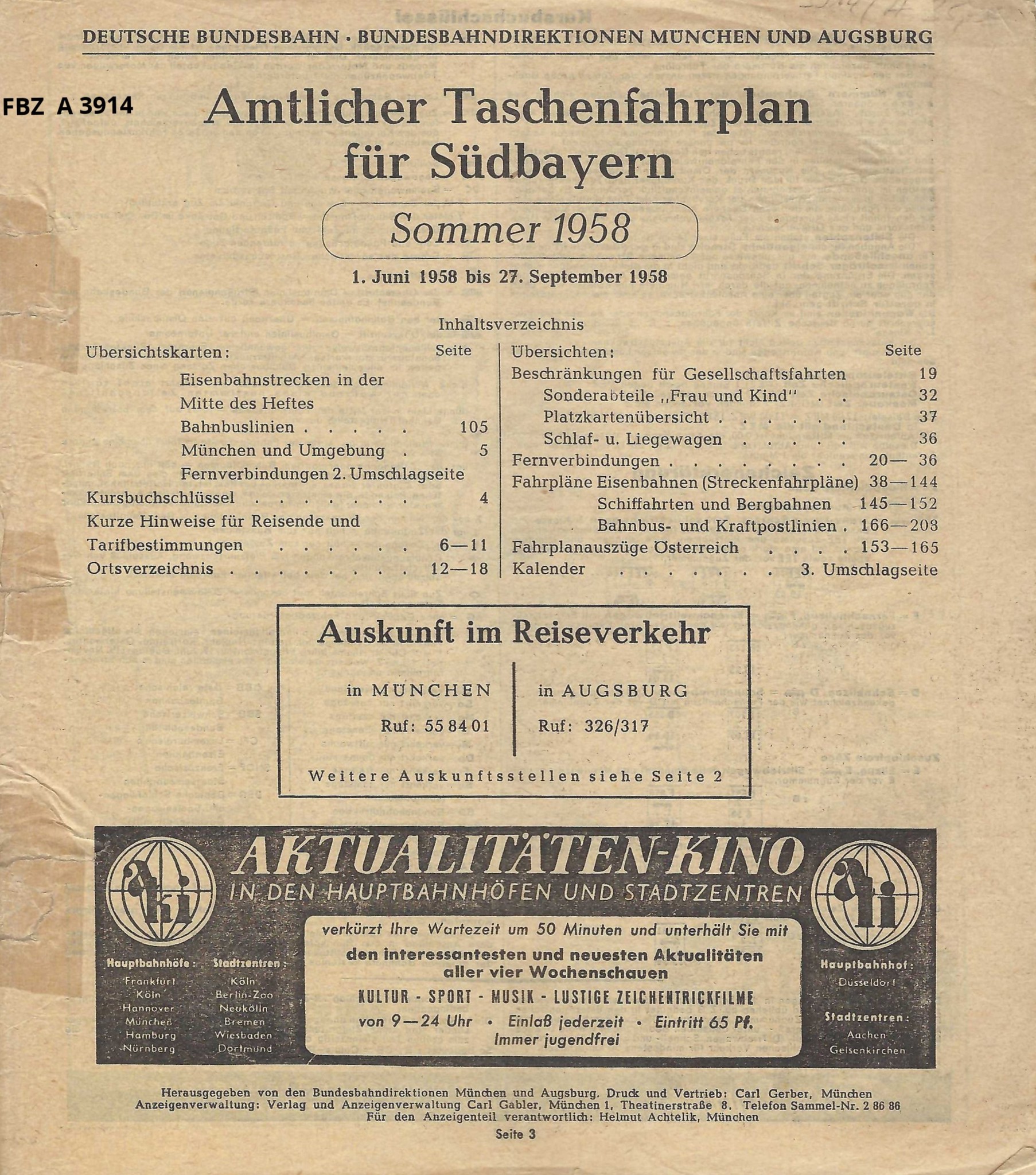 Amtlicher Taschenfahrplan für Südbayern - Sommer 1958