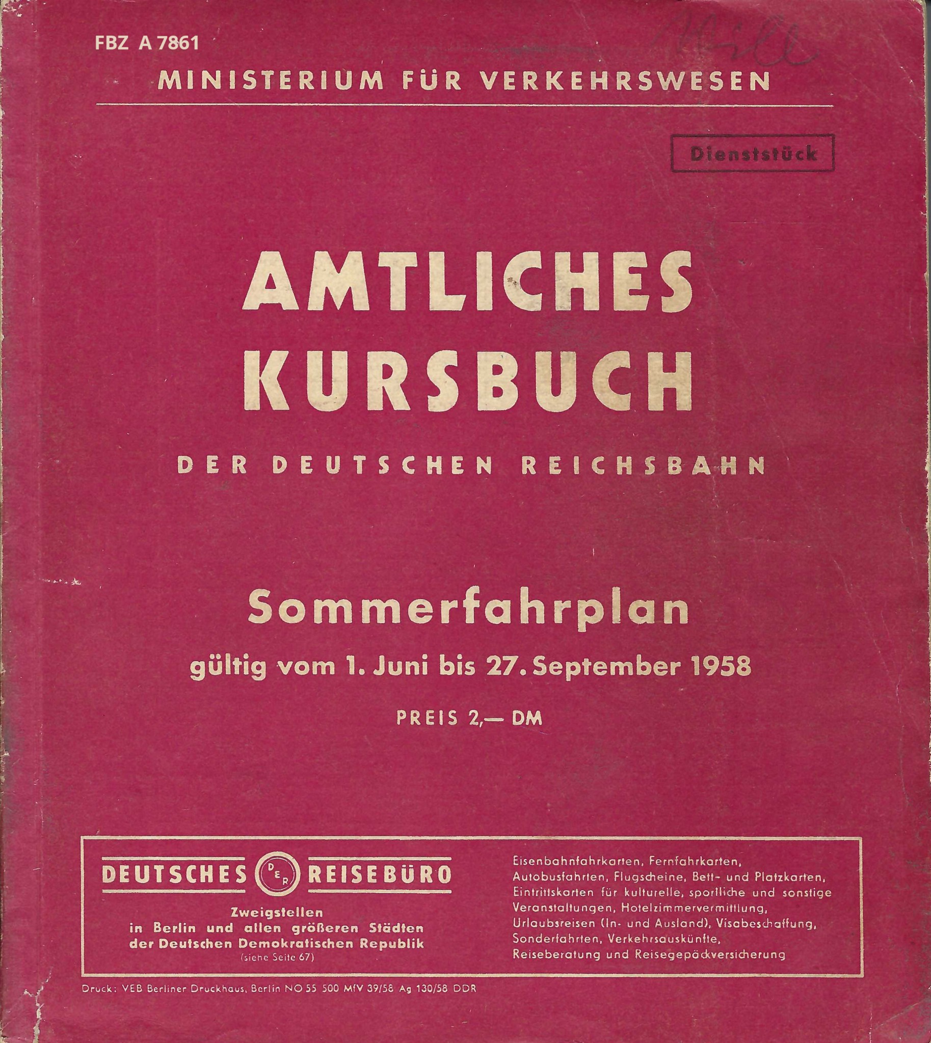 Amtliches Kursbuch der Deutschen Reichsbahn - Sommerfahrplan 1958